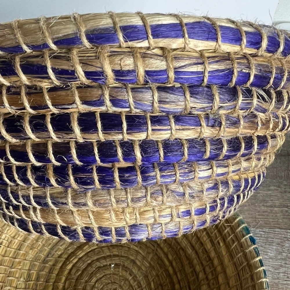 Woven baskets big 12” decor storage Boho coastal home set of two‎ blue